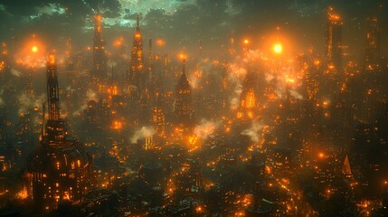 Obraz premium Glowing steampunk city at night, fiery orange lights, smoke.