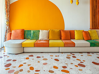 Retro-modern lounge with colorful couch and terrazzo floor 32k, full ultra hd, high resolution