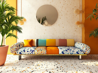 Retro-modern lounge with colorful couch and terrazzo floor 32k, full ultra hd, high resolution