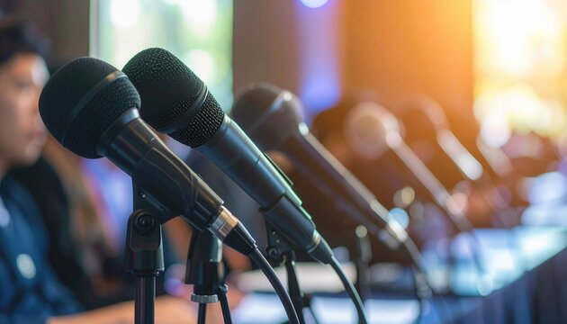A diverse group of people seated in a row, each with microphones positioned in front of them, ready for a discussion or presentation.