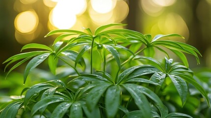 Obraz premium Lush Green Plants in a Soft Golden Sunlight