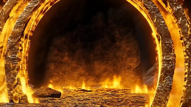 A fiery portal with triple arch glowing amidst flames and dark backdrop