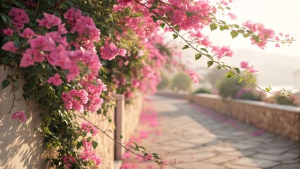 Sun-Kissed Pink Bougainvillea Blooms Draped Along a Stone Wall Pathway in a Tranquil Garden Setting at Sunset