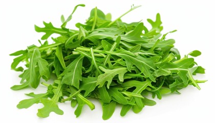 Obraz premium Fresh green arugula leaves on a white background.