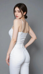 woman, jeans, tall, sports, office, japan, korea, china, asia, model, beauty, student, people, laugh, one, fashion, lady, person, smiling, hair, black, brunette, standing, studio, suit, glasses, profe