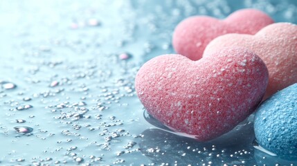 Fototapeta premium Love's Delicate Embrace: A close-up captures the tender beauty of pastel-colored heart-shaped objects, nestling softly against a watery surface. Each detail whispers of affection, romance.
