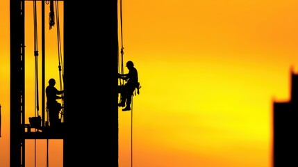 Silhouetted workers climbing a tall structure against a vibrant sunset, showcasing teamwork and construction.