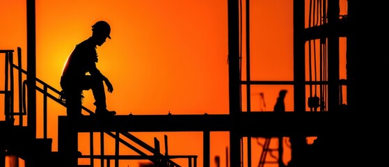 Silhouette of a worker sitting on scaffolding against a vibrant orange sunset, highlighting construction and hard work.