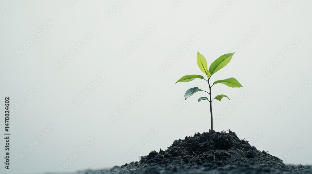 Poster sprout emerging from soil in studio shot symbolizing growth and new beginnings on white background w
