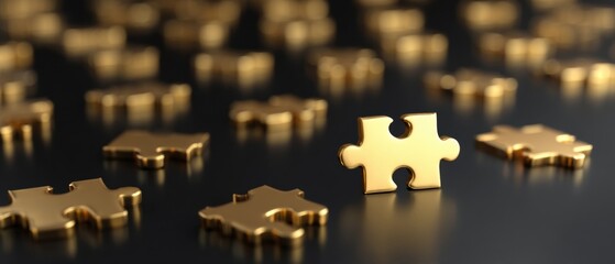 Golden puzzle pieces scattered on a dark surface, creating a striking contrast and an intriguing visual effect.