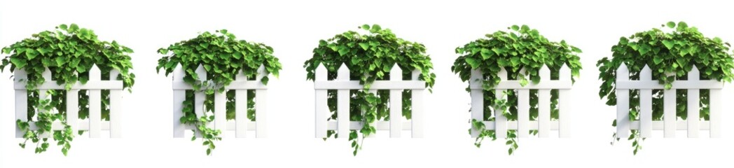 White picket fence planters with climbing plants