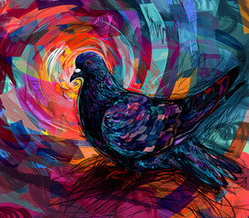 Obraz premium an abstract drawing of a pigeon with colorful lines, precisionist lines, light red and indigo, colorful turbulence with mixed pattern colorful background