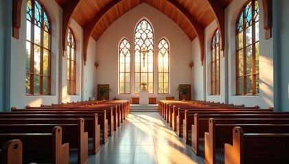 Fototapeta premium A modern, bright church sanctuary with stained glass windows and empty pews , cross, jesus