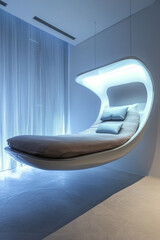 Sleek futuristic bedroom with floating minimalist bed 32k, full ultra hd, high resolution
