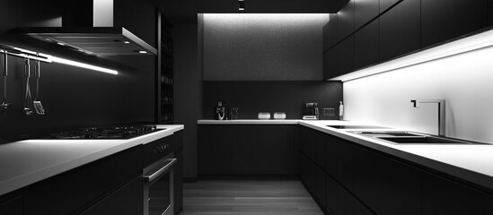 Sleek monochrome kitchen interior with clean geometric layout 32k, full ultra hd, high resolution