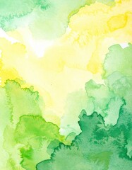A vibrant watercolor painting featuring lush green and bright yellow hues, blending seamlessly to create a lively, nature-inspired abstract scene.