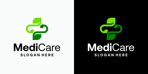Leaf shape medical cross vector logo design with modern, simple, clean and abstract style. Icon for business, health care, herbal and personal branding.