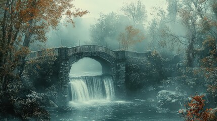 Mystical stone bridge spanning over a waterfall in enchanted forest