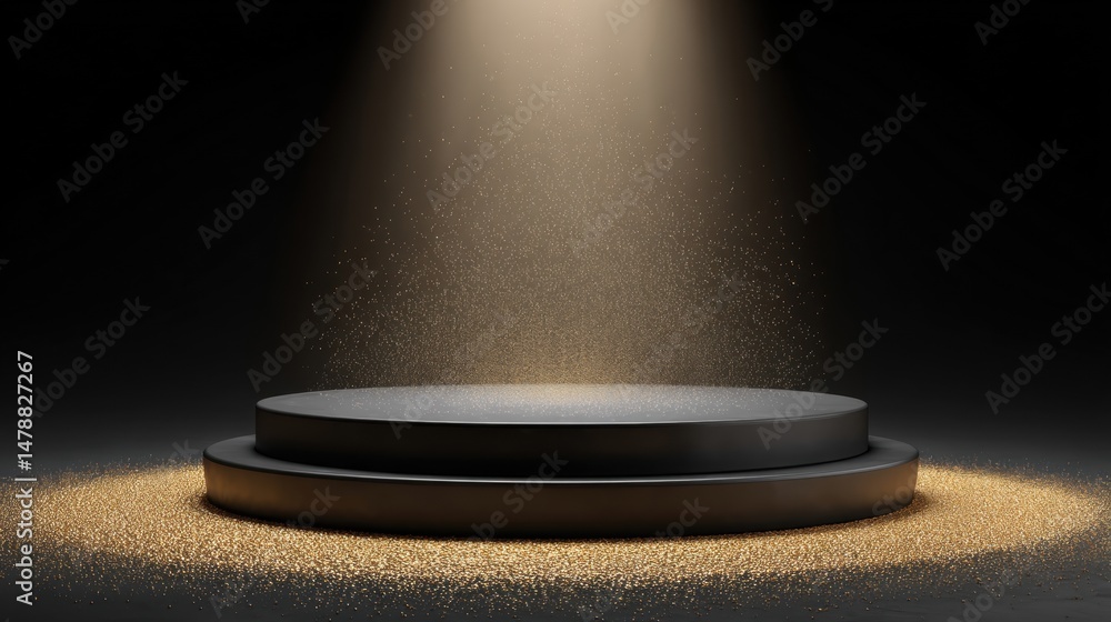 Poster A spotlight shines down on a circular platform with a textured surface, surrounded by a sprinkling effect of particles in a dark setting.