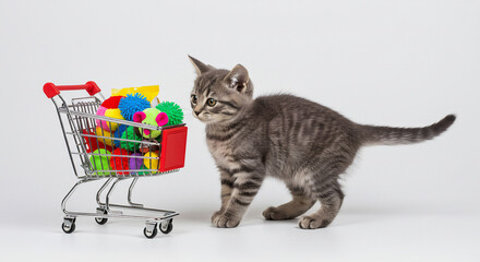 Curious Kitten with Toy-Filled Shopping Cart Isolated on White Background