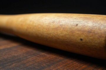 Close-up of a worn baseball bat, showing wood grain and markings , leisure, rustic