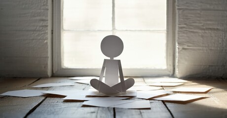 Paper figure sits meditating amidst scattered papers near window. Light illuminates scene, creating calm mood.