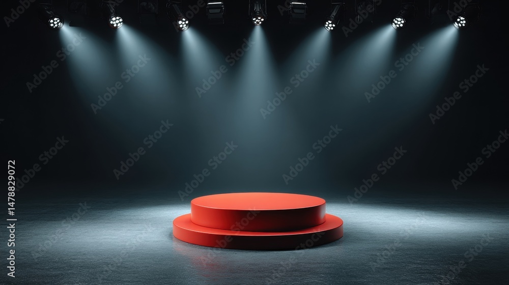 Poster empty stage with a circular red platform illuminated by bright lights, creating a dramatic atmospher