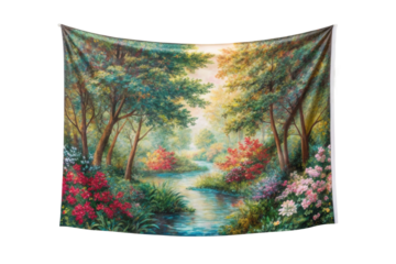 PNG Colorful forest landscape with river and blossoming flowers