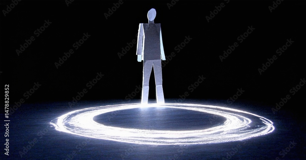 Poster Minimalist figure stands within glowing circular light. Dark background emphasizes bright illumination, creating dramatic effect.