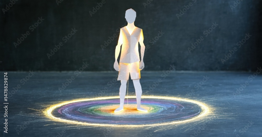 Poster Paper figure stands within colorful concentric circles. Dark background emphasizes bright illumination, creating dramatic visual impact.