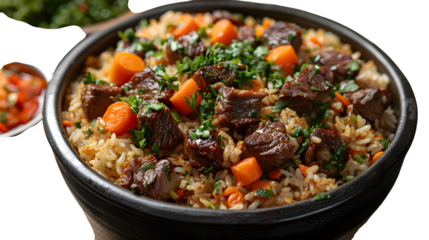 Uzbek plov rice dish with lamb and carrots, domed plate display, isolated