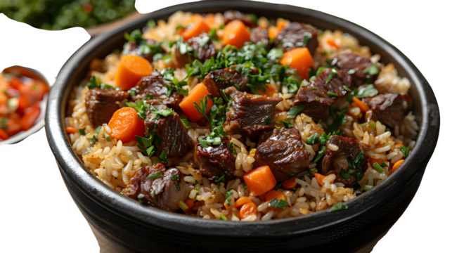Uzbek plov rice dish with lamb and carrots, domed plate display, isolated