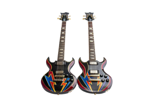 PNG Double electric guitars with colorful lightning bolt designs on black background