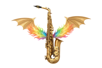 PNG Golden saxophone with colorful dragon wings on black background