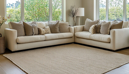 Textured beige living room with clean lines and layered rugs 32k, full ultra hd, high resolution