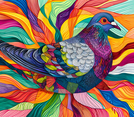 Obraz premium an abstract drawing of a pigeon with colorful lines, precisionist lines, light red and indigo, colorful turbulence with mixed pattern colorful background