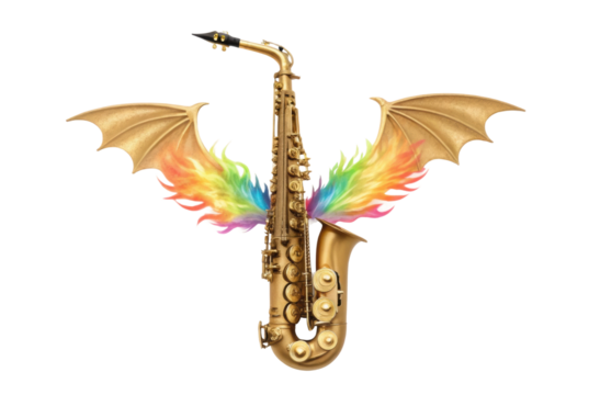 PNG Golden saxophone with colorful dragon wings on black background