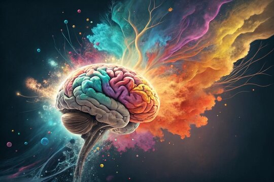 Concept art of a human brain exploding with knowledge and creativity. 