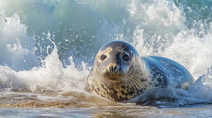 Obraz premium Grey Seal Emerges from the Sea, Resting in Shallow Water with a Crashing Ocean Wave in the Background.