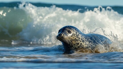 Obraz premium Grey Seal Emerges from the Sea, Resting in Shallow Water with a Crashing Ocean Wave in the Background.