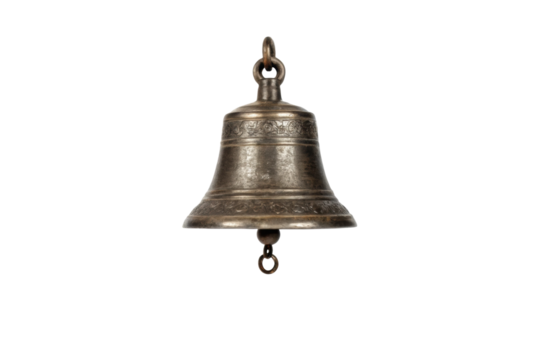PNG Antique brass bell with ornate design hanging against black background