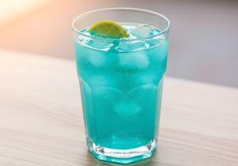 Refreshing Blue Cocktail with Lime and Ice Cubes Summer Drink, Beverage, Cold, Glass.