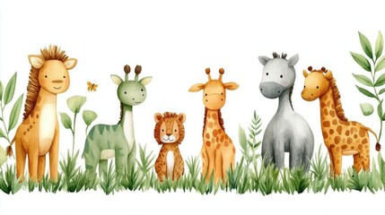 Naklejka premium Adorable Safari Animals Watercolor Illustration