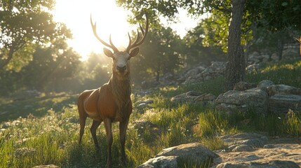 Fototapeta premium Majestic Red Deer at Sunrise: A majestic red deer stag with large antlers stands proudly in a sun-dappled forest clearing, bathed in the warm golden light of the rising sun. 