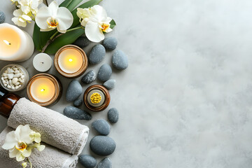 Calming Spa Day Arrangement with Orchids, Massage Stones, Candles, and Towel on Light Gray Surface
