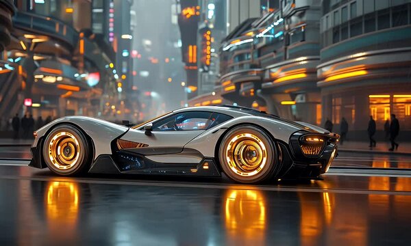 Futuristic silver car driving on a city street with bright lights reflecting on pavement