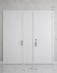 Multiple white doors, various states, against a stark white backdrop ,  room,  entrance,  frame