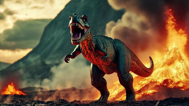 Dinosaurs face extinction as volcanic mountains erupt and ash clouds fill the sky, dinosaurs extinct because mountains erupted due to lava or magma video in stock quality