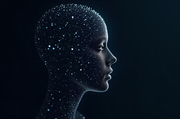 Holographic woman technological head portrait Futuristic face female humanoid robot.A Technological Future. information space. Copying space.generative ai