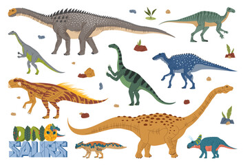 Cartoon prehistoric dinosaur characters with jurassic plants and rocks, vector dino animals. Funny camptosaurus, giant antarctosaurus and ampelosaurus sauropod dinosaurs and baby dino in egg shell